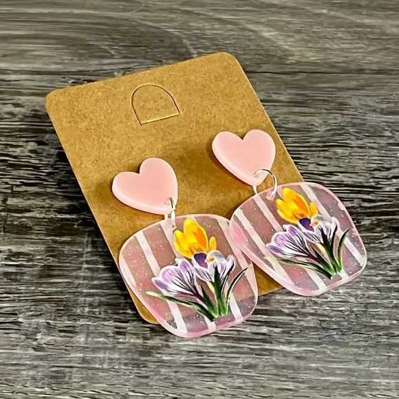 Floral Acrylic Heart Drop Earrings - Picture 6 of 8